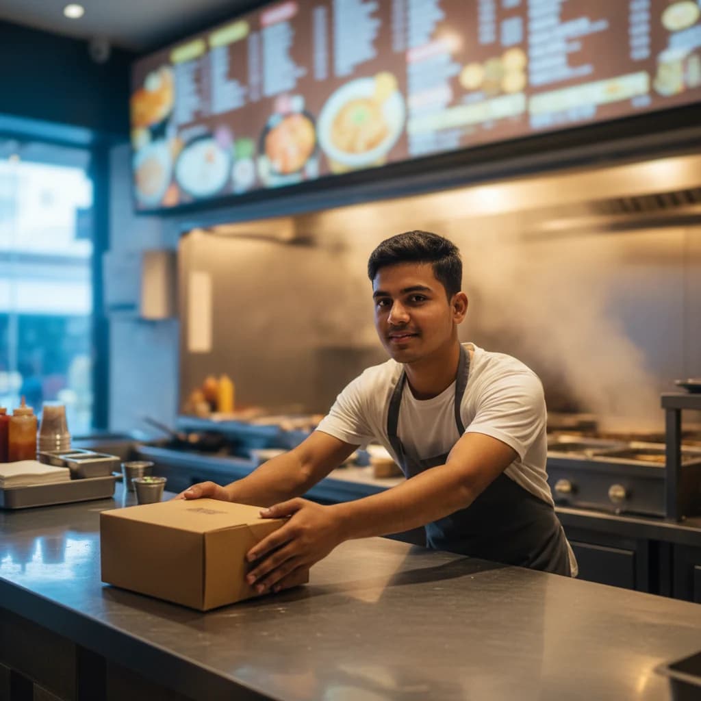 A storefront counter with staff serving customers