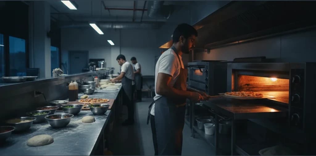A Domino's store kitchen in India during a delivery shift